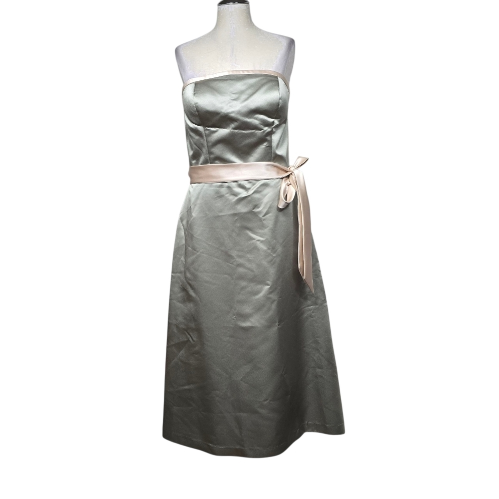 Bill Levkoff Green Cream Strapless Belted Back Zip Dress 12